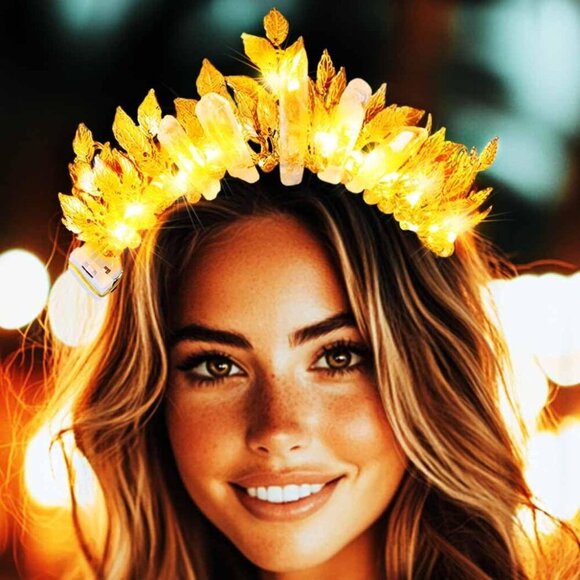 Light Up Fairy Queen Crown Gold Leaf LED Headpiece for Women Costume Festival